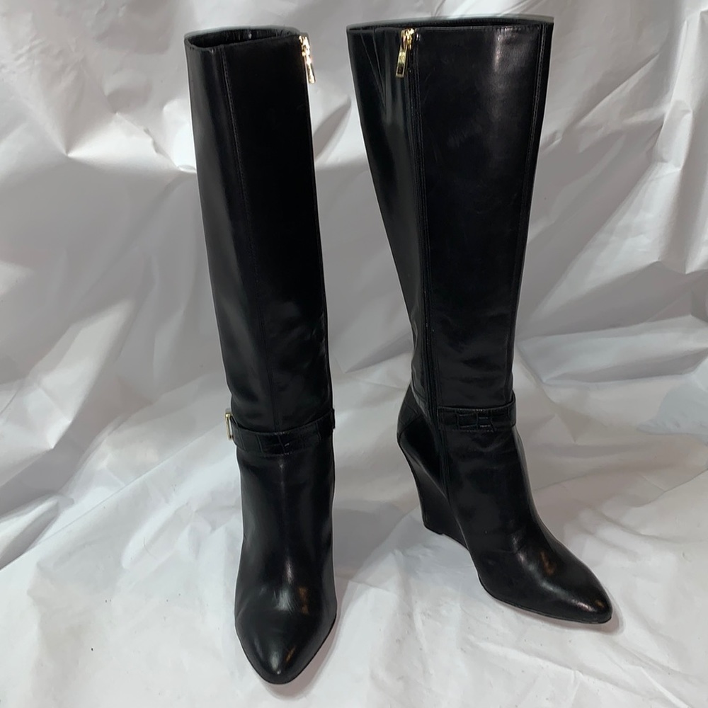 Ann Taylor Black Wedge Heel Calf Boot Zip Up w/ croc pattern trim Size 7.5M